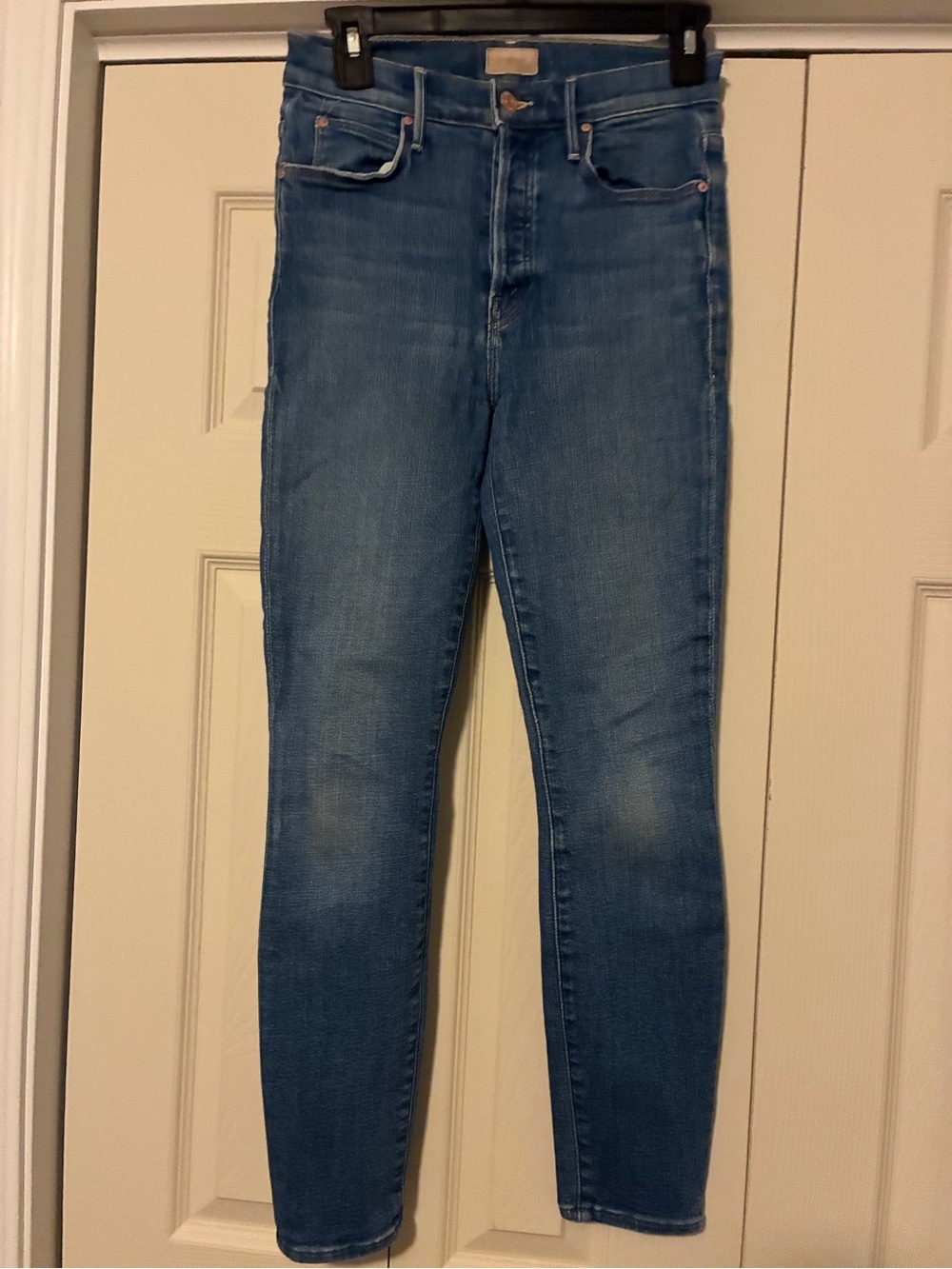 MOTHER Slim High-Rise Skinny Jeans in Medium Blue with 🌈 Pocket
